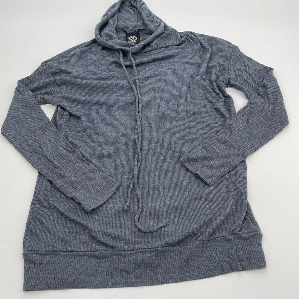 Bobeau Top XS Womens Gray Blue Lightweight Hooded Knit Casual Drawstring Stretch